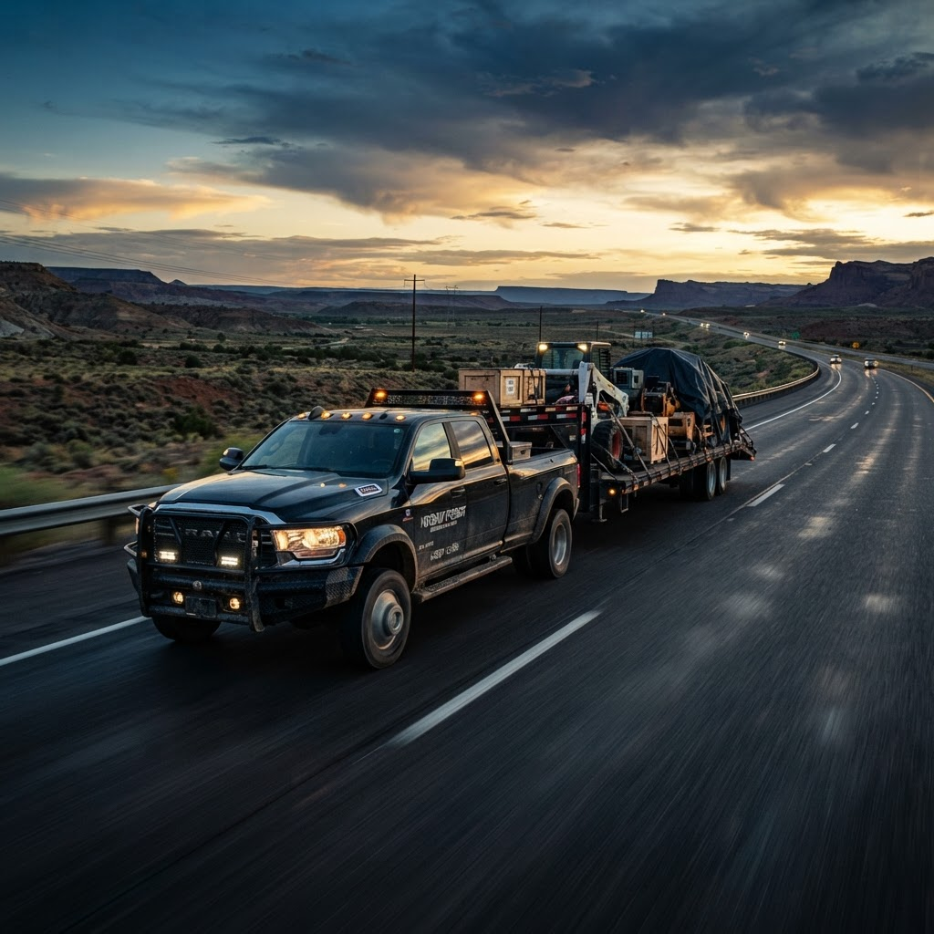 Hotshot freight truck hauling a loaded flatbed trailer on an open highway at dusk
