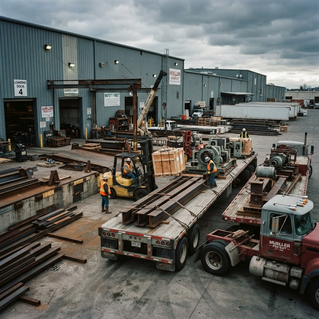 Freight loading dock with flatbed trailers being loaded by workers in safety vests